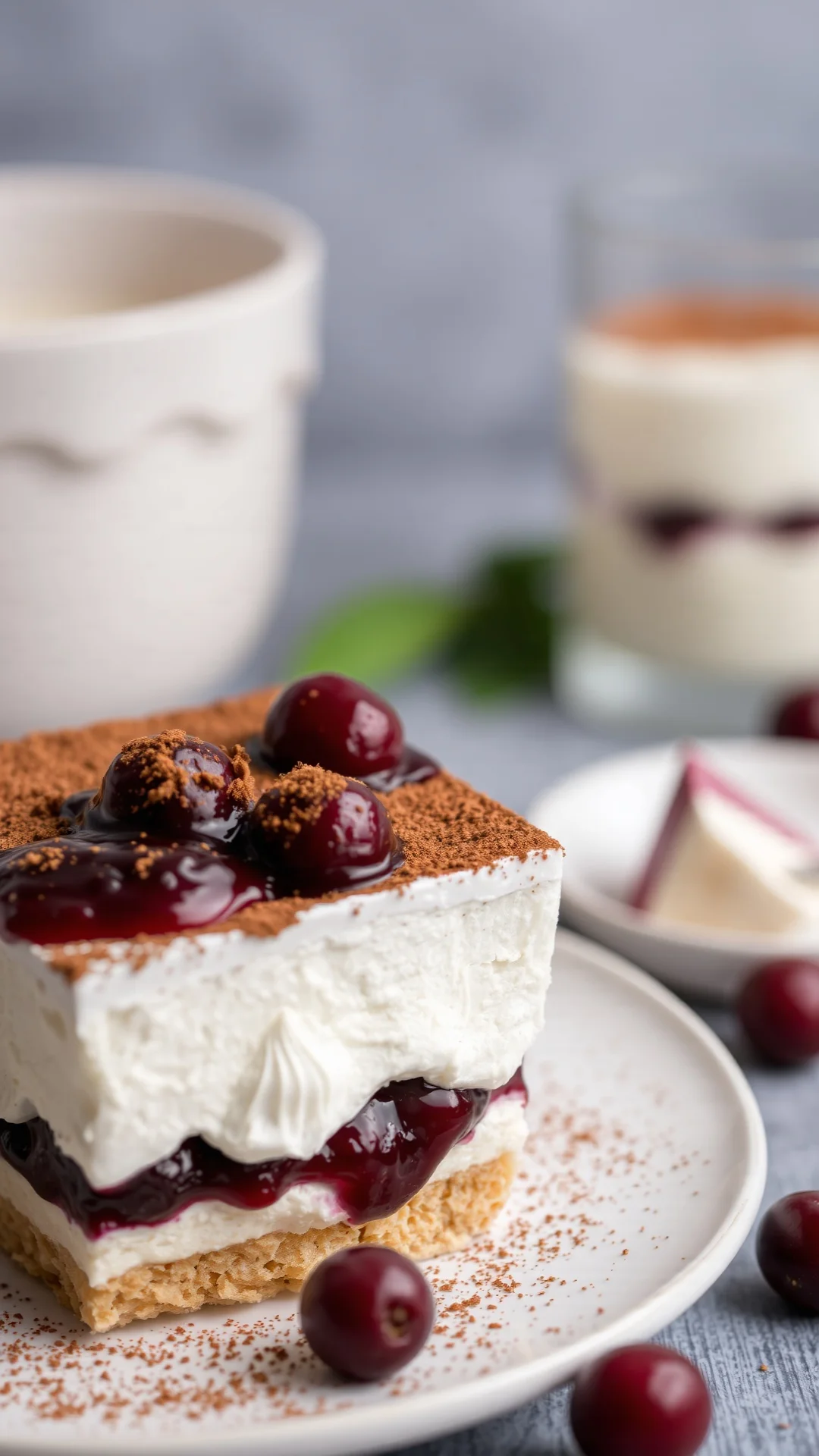 Classic tiramisu-style dessert with cherry compote layers, dusted with cocoa powder, close-up photography, Italian dessert ae