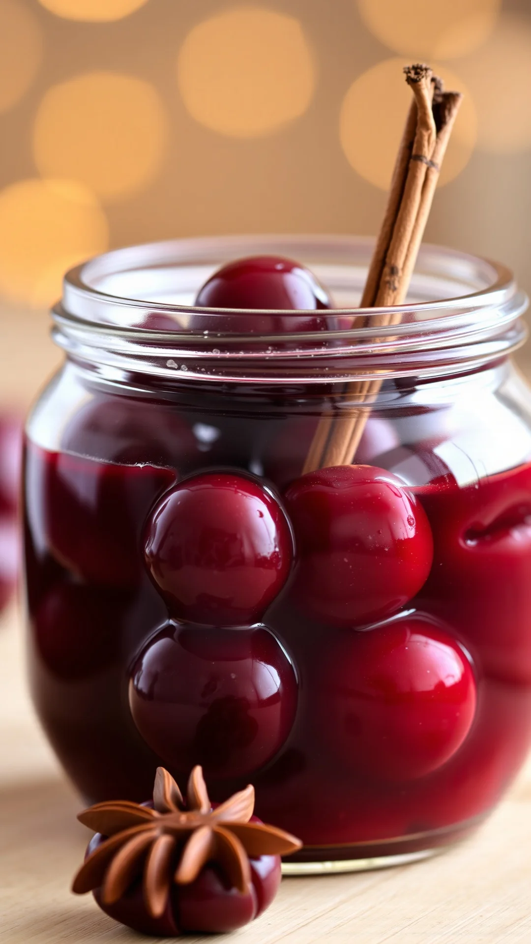 Clear glass jar with cherry compote, whole preserved cherries in syrup, cinnamon stick and star anise visible, warm bokeh lig