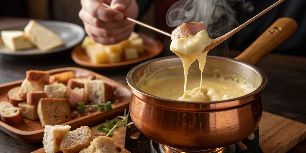 Close-up action shot of someone stirring melted cheese fondue in a copper pot using a wooden spoon in a figure-eight motion,