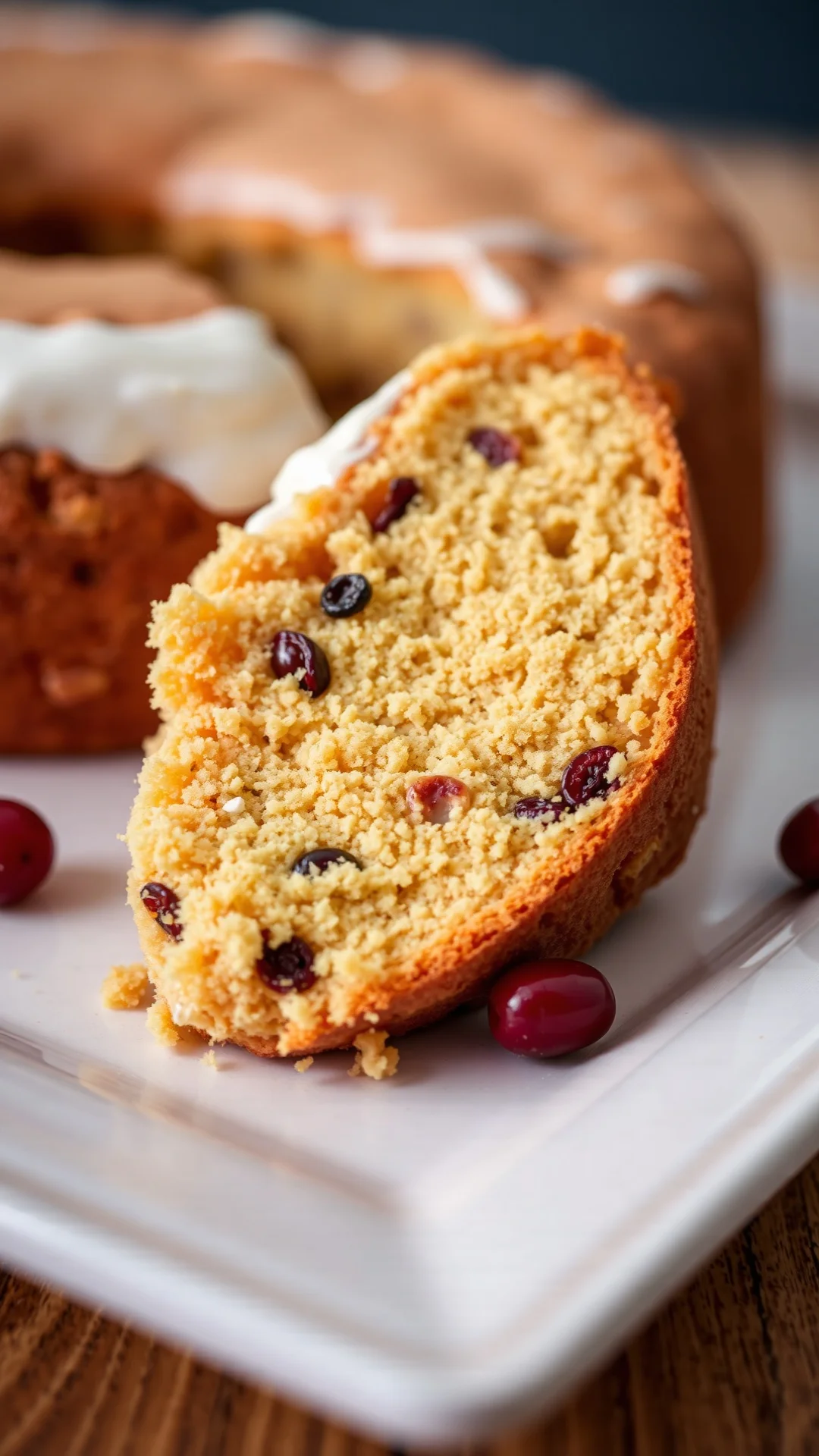 Close-up cake slice with sweet potato nut flour, golden brown edges, red currants scattered on plate, professional bakery sty