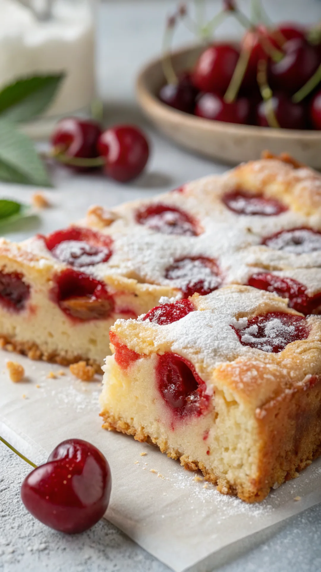Close-up detail of cherry cake slice showing juicy red cherries embedded in soft tender crumb, fluffy texture, golden brown c