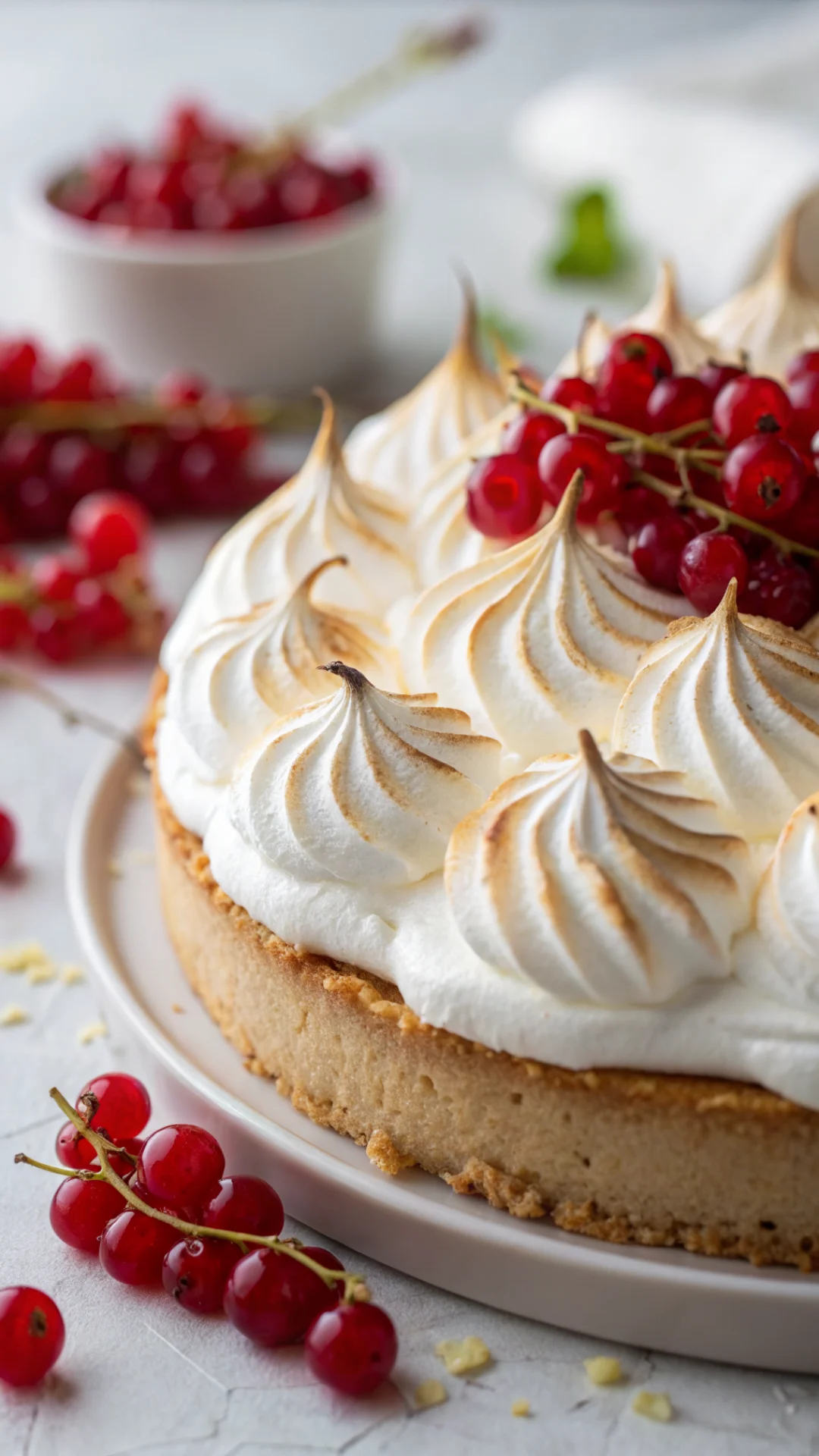 Close-up detail of creamy white meringue layer with peaks and golden-brown edges on redcurrant cake, fresh red berries undern