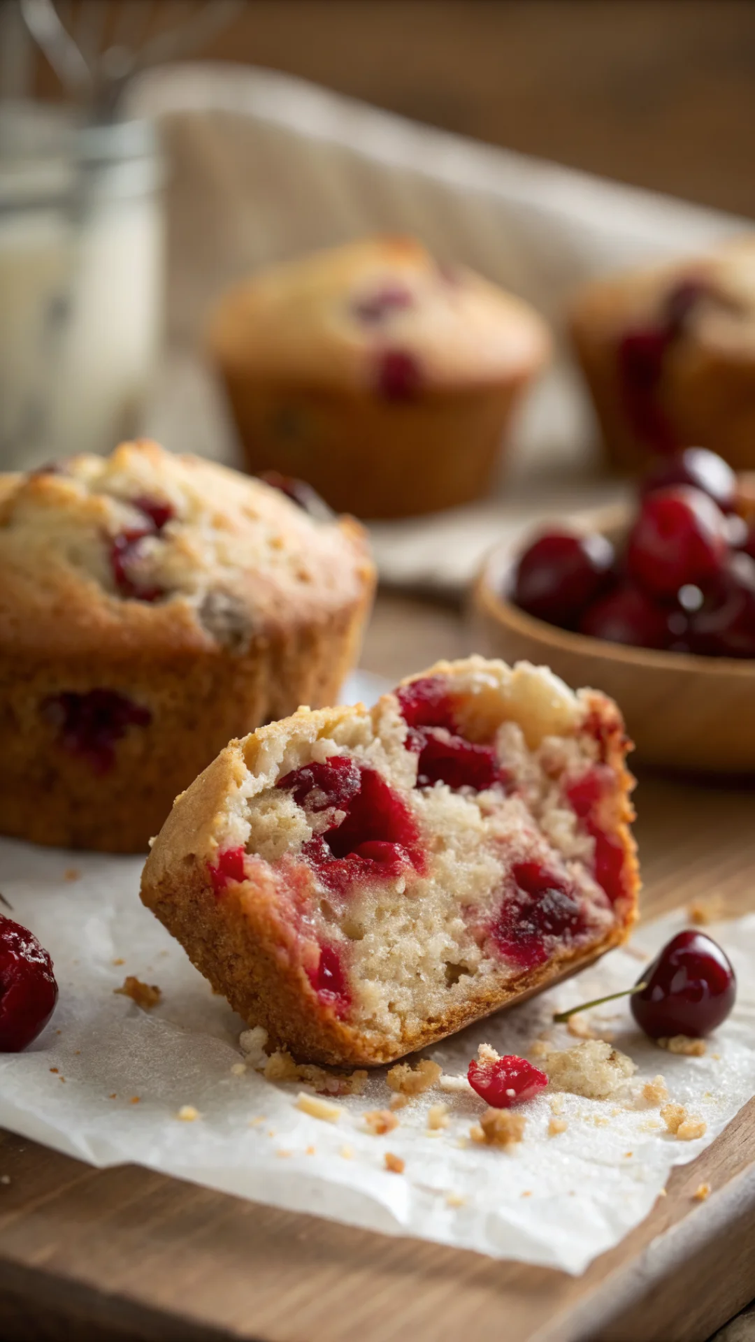 Close-up detailed macro shot of a sliced cherry muffin showing juicy cherry pieces inside, moist crumb texture, shallow depth