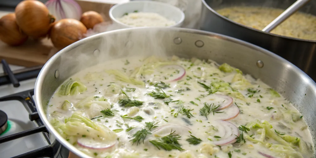 Close-up food photography of savoy cabbage being cooked in a creamy white sauce in a large pan, showing the cooking process w