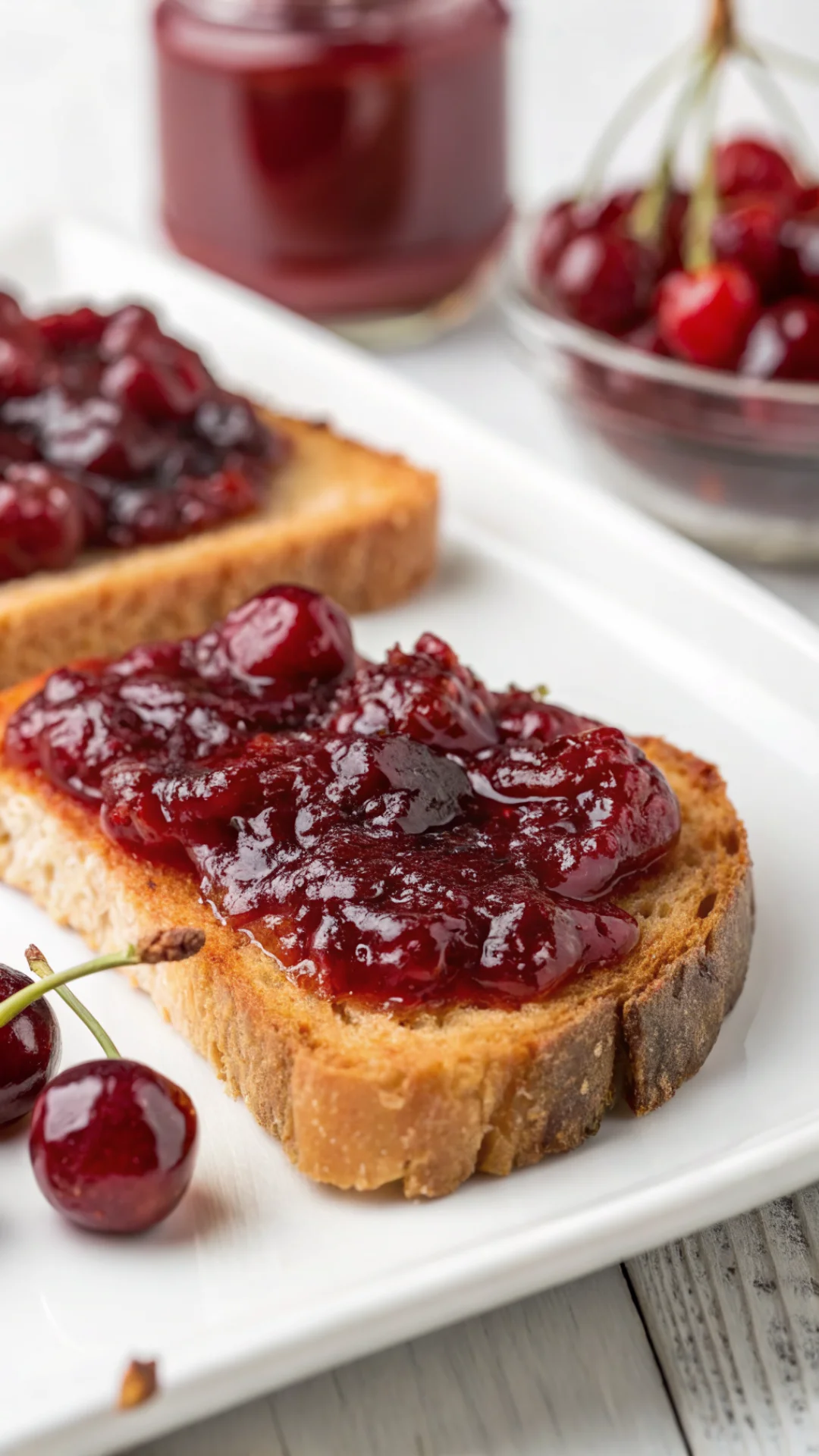 Close-up macro photograph of glossy ruby-red cherry marmalade with amaretto spreading on warm toast, thick luxurious texture,