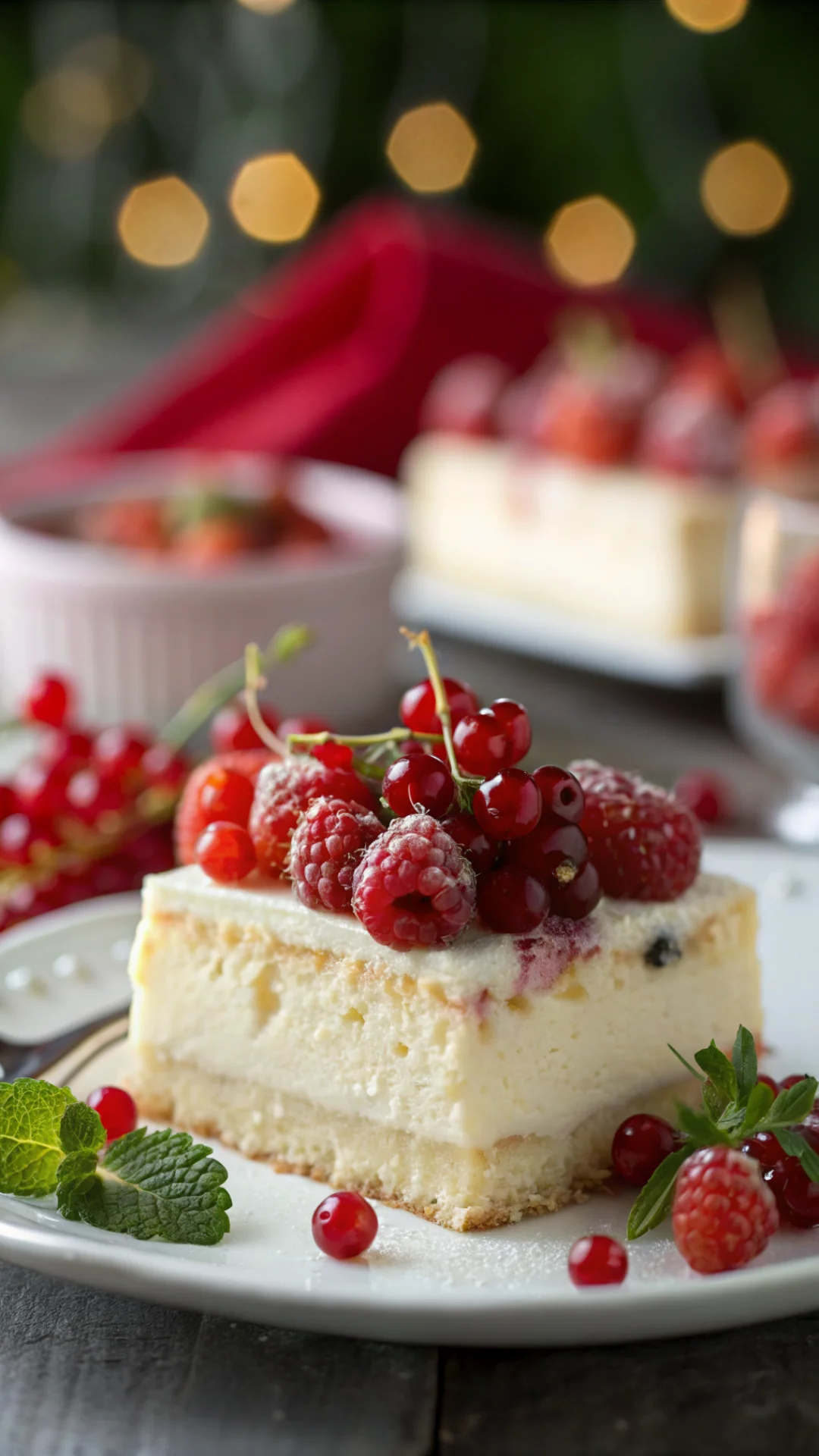 Close-up macro photography of creamy vanilla pudding cake slice with fresh red johannisberries, soft bokeh background, vibran