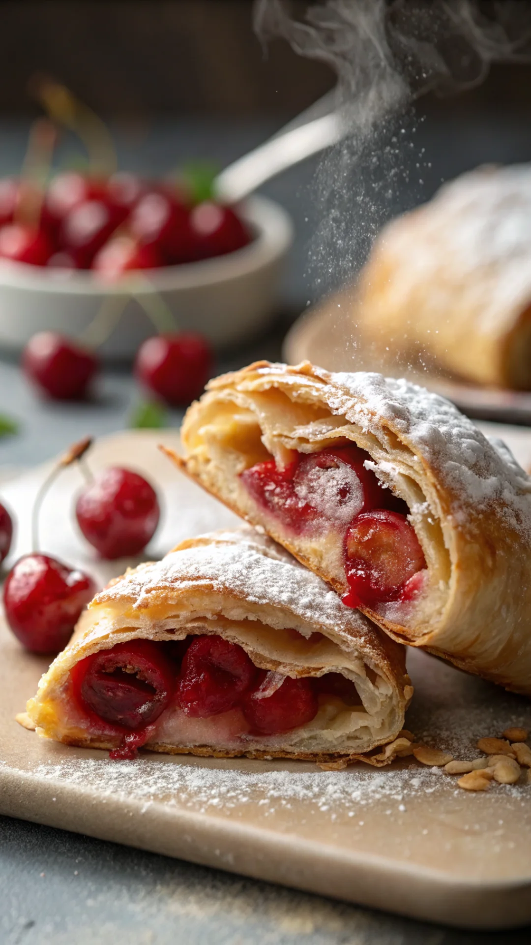 Close-up macro shot of a cut-open warm puff pastry cherry pocket, juicy red cherries visible inside, flaky golden pastry laye