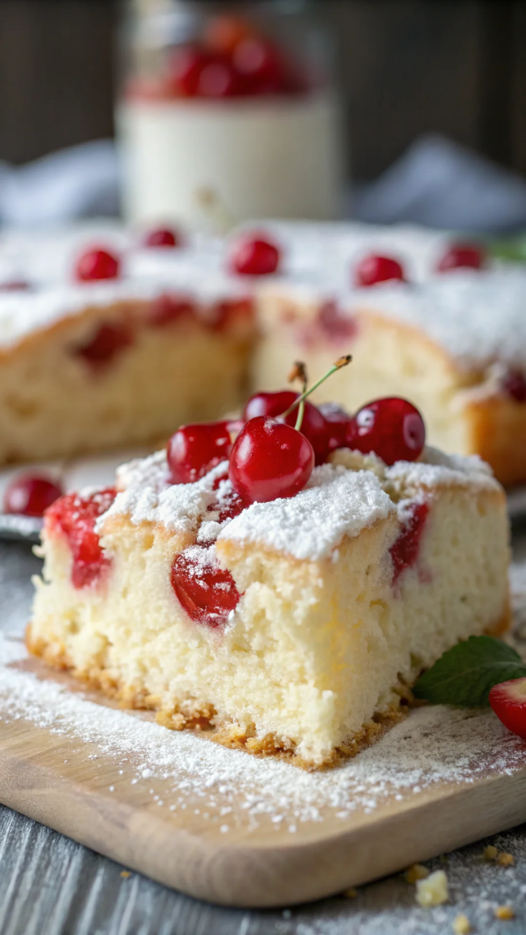 Close-up macro shot of a fresh slice of fluffy yeast cake with bright red cherries, soft crumb texture visible, dusted with w