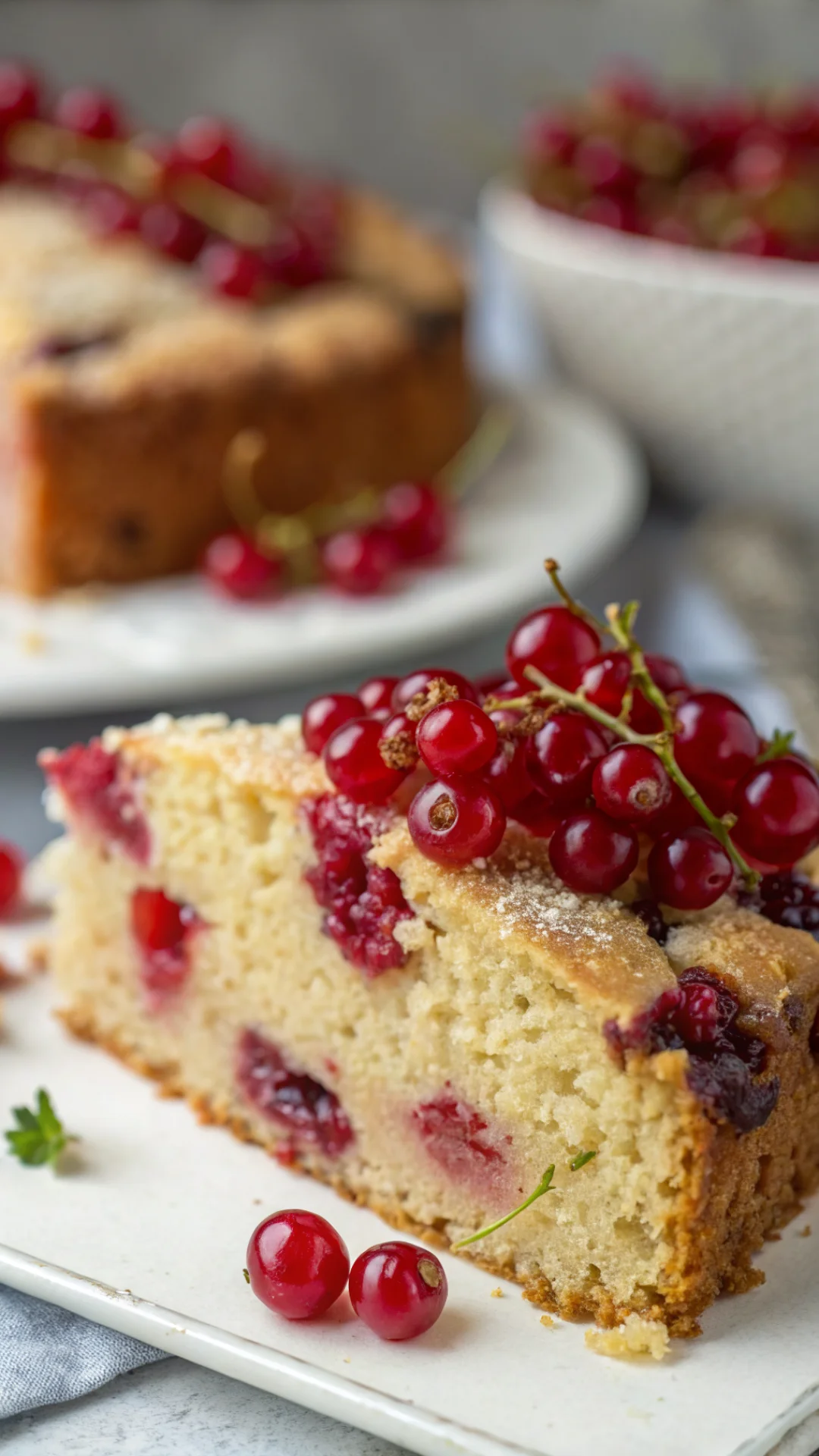 Close-up macro shot of a thick slice of vegan currant cake showing moist golden crumb texture with plump red currants, perfec