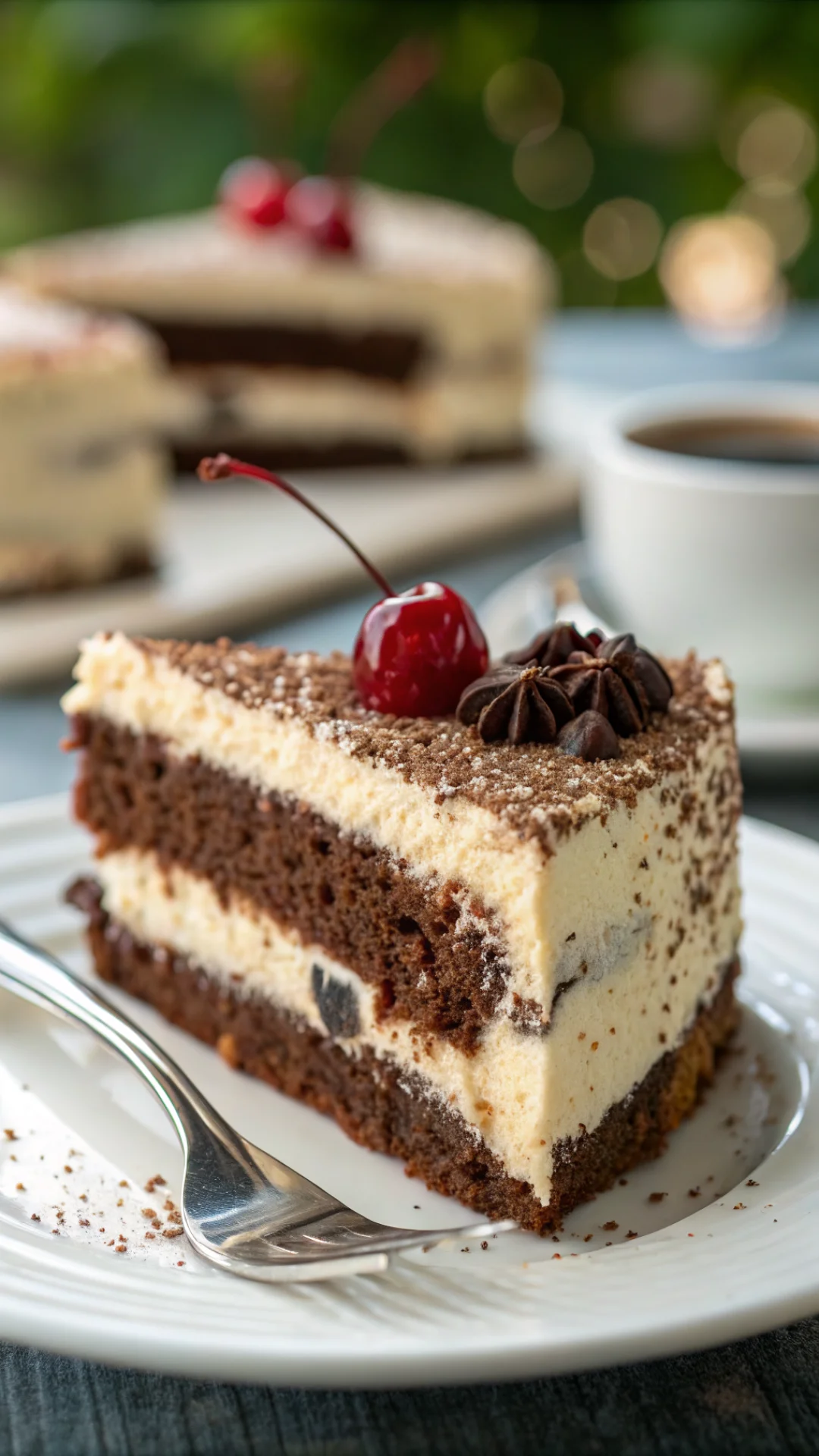 Close-up macro shot of cappuccino cake slice showing layers, creamy mascarpone filling, dark coffee sponge, fresh cherry on f