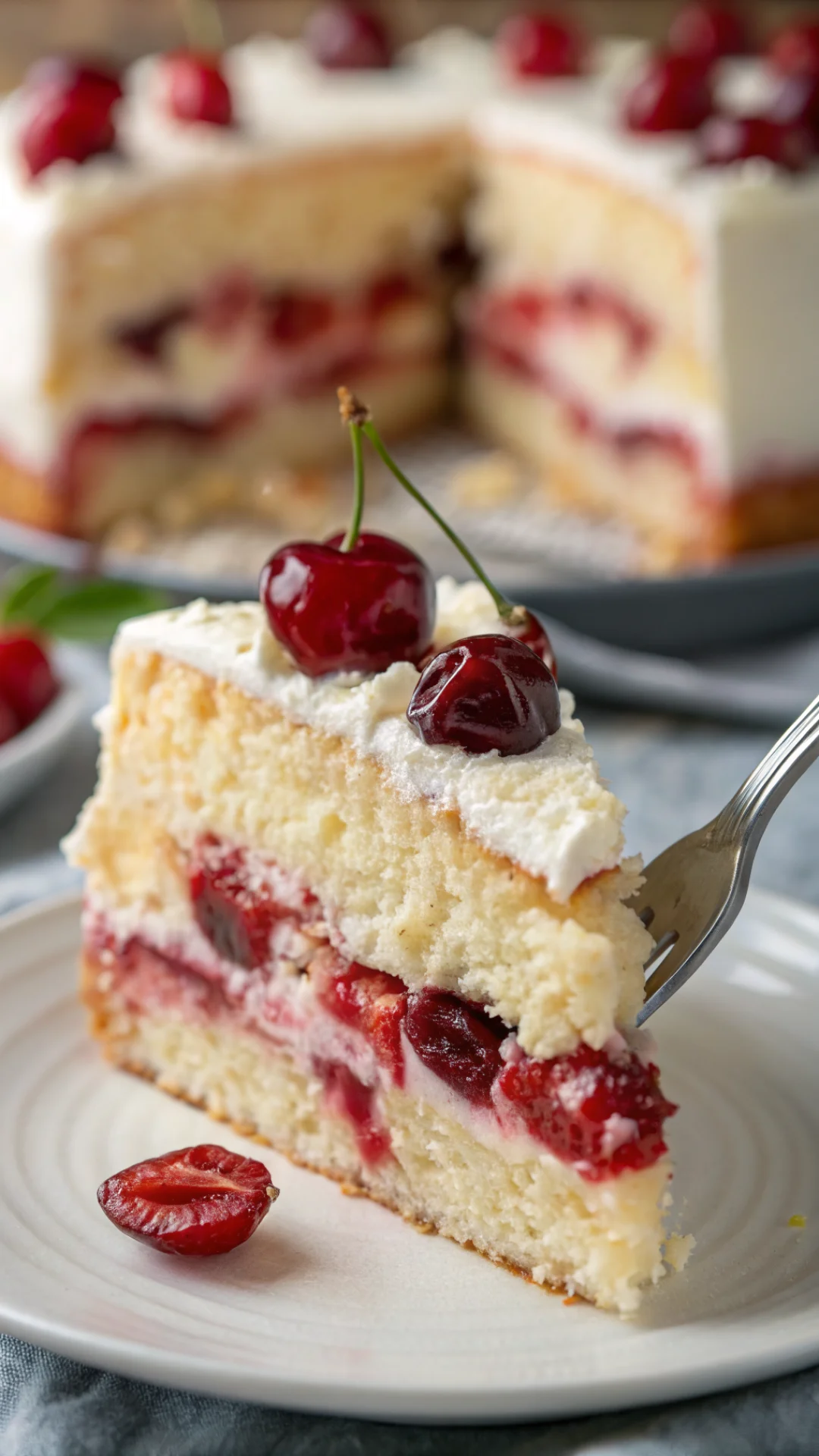 Close-up macro shot of cherry cake slice showing moist fluffy sponge cake texture with juicy red cherries, fork taking a bite