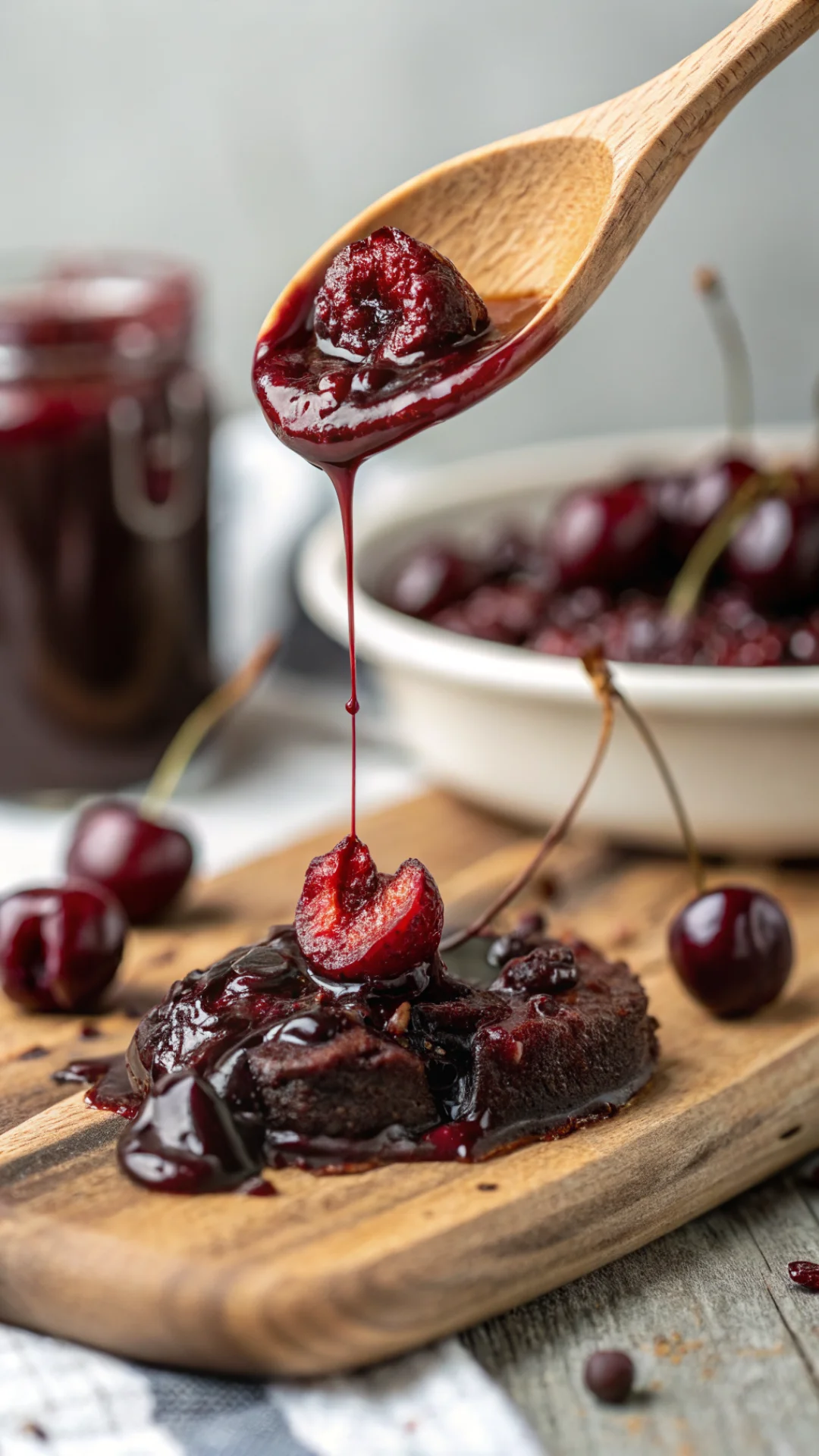 Close-up macro shot of cherry chocolate jam dripping from wooden spoon, glossy texture, rich burgundy color mixed with chocol