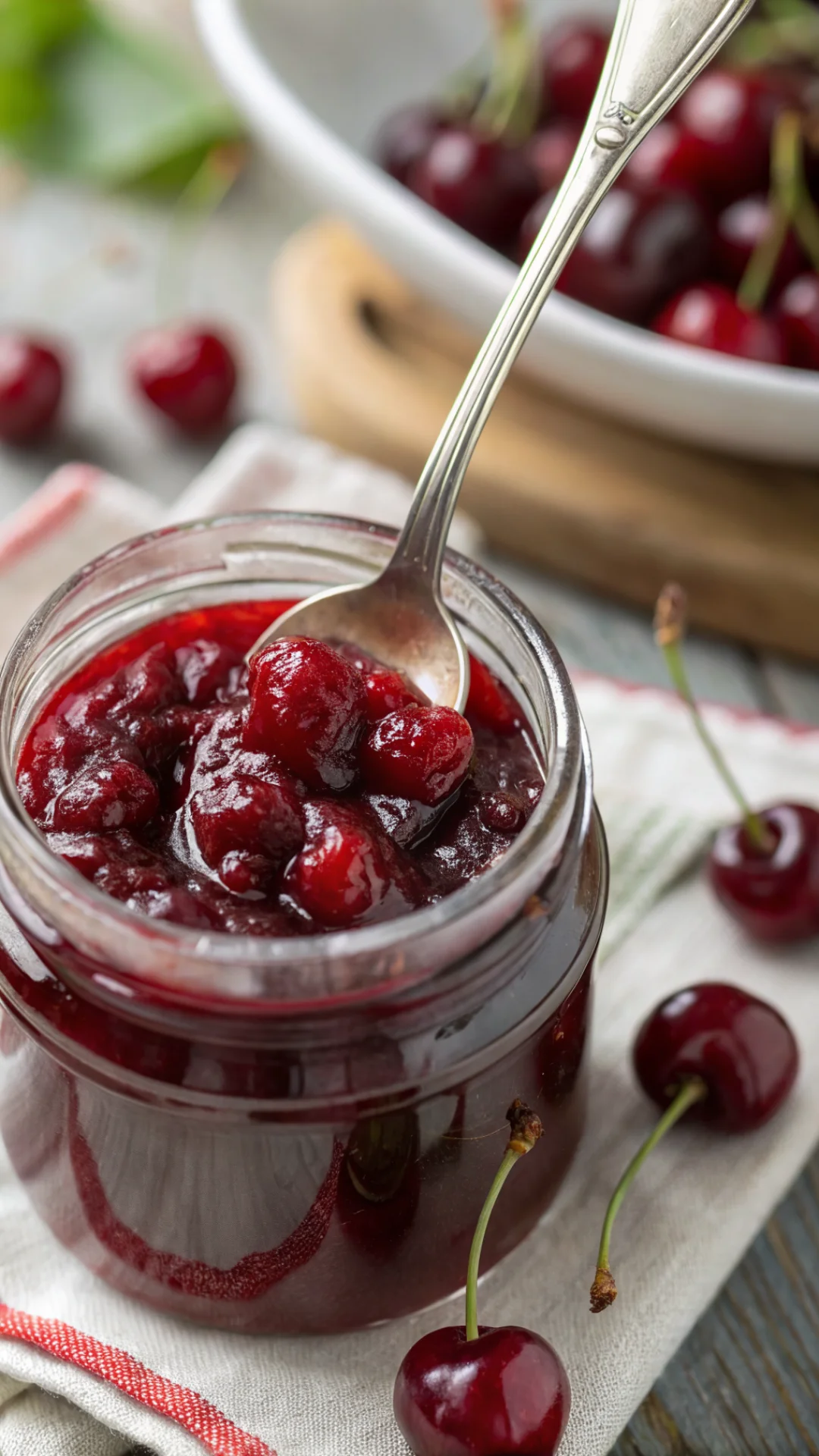 Close-up macro shot of cherry compote texture, deep red syrupy preserve, spoon dipped into jar, glistening fruit pieces, prof