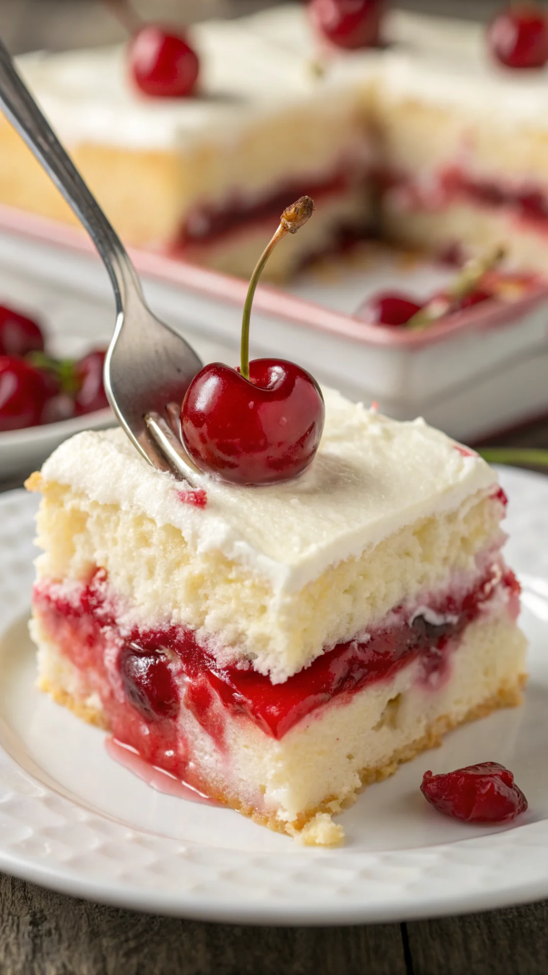 Close-up macro shot of cherry pudding cake slice, creamy vanilla pudding with cherry on top, fork cutting through soft cake l