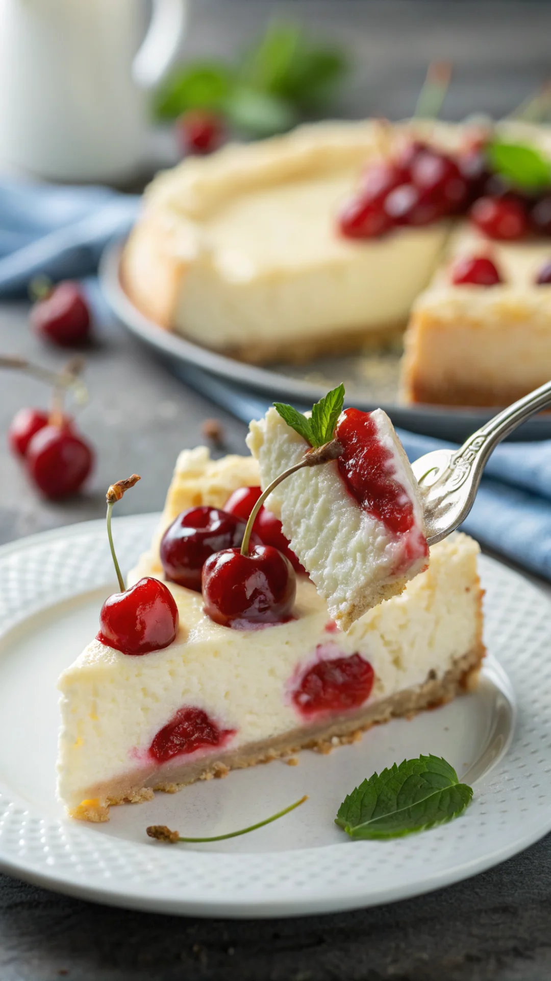 Close-up macro shot of creamy quark cake slice with vibrant red cherries, fork taking a bite, soft fluffy texture visible, sh