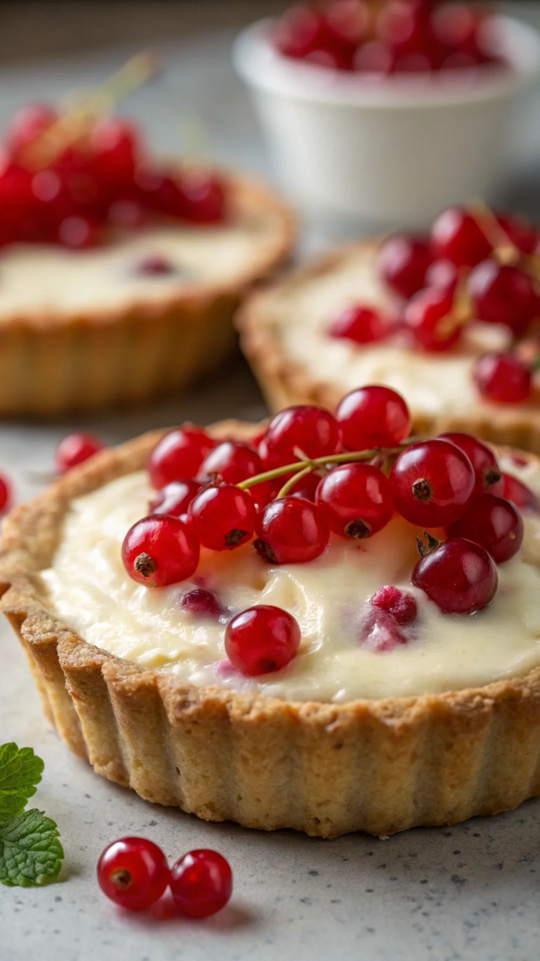 Close-up macro shot of creamy quark filling with fresh red currants berries, rich texture detail, golden-brown crust edge, st