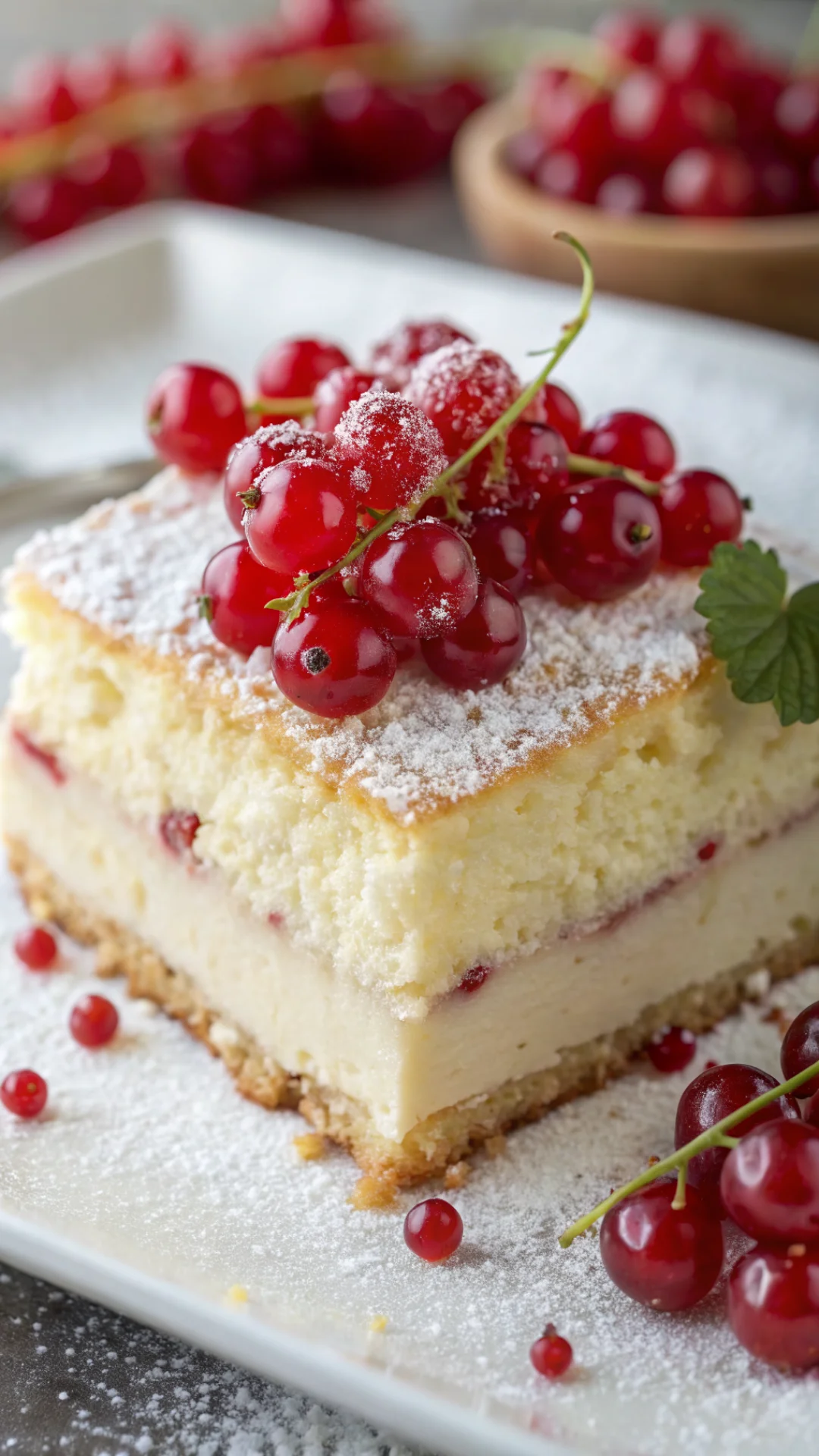 Close-up macro shot of creamy sponge cake slice topped with vibrant red currants, soft crumb texture visible, light dusting o