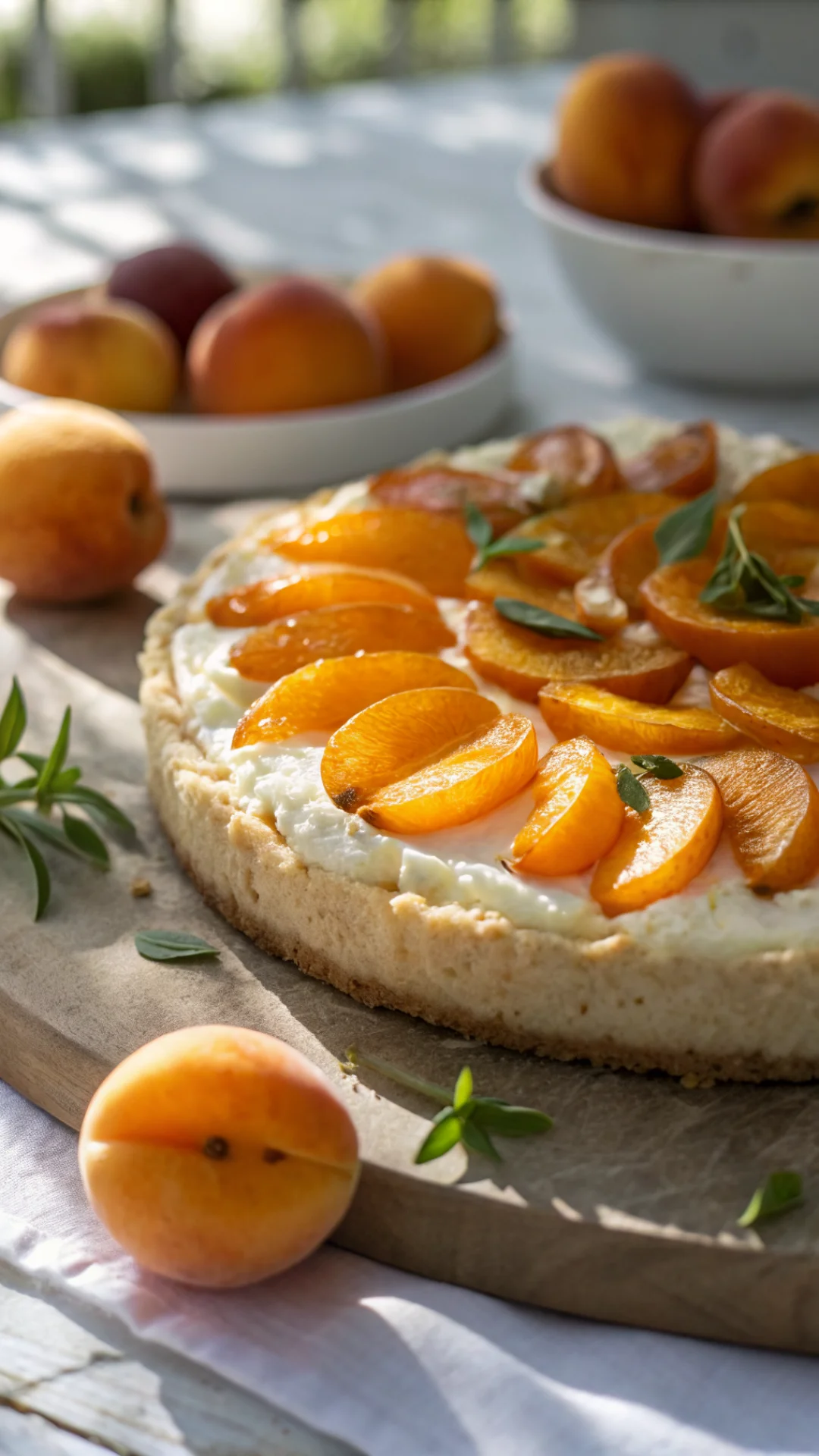 Close-up macro shot of creamy topfen layer topped with fresh apricot halves, golden baked surface texture, natural soft sunli