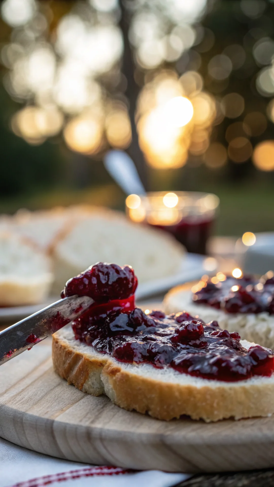 Close-up macro shot of dark red cherry jam being spread on fresh white bread, glossy jam texture, bokeh background, food phot