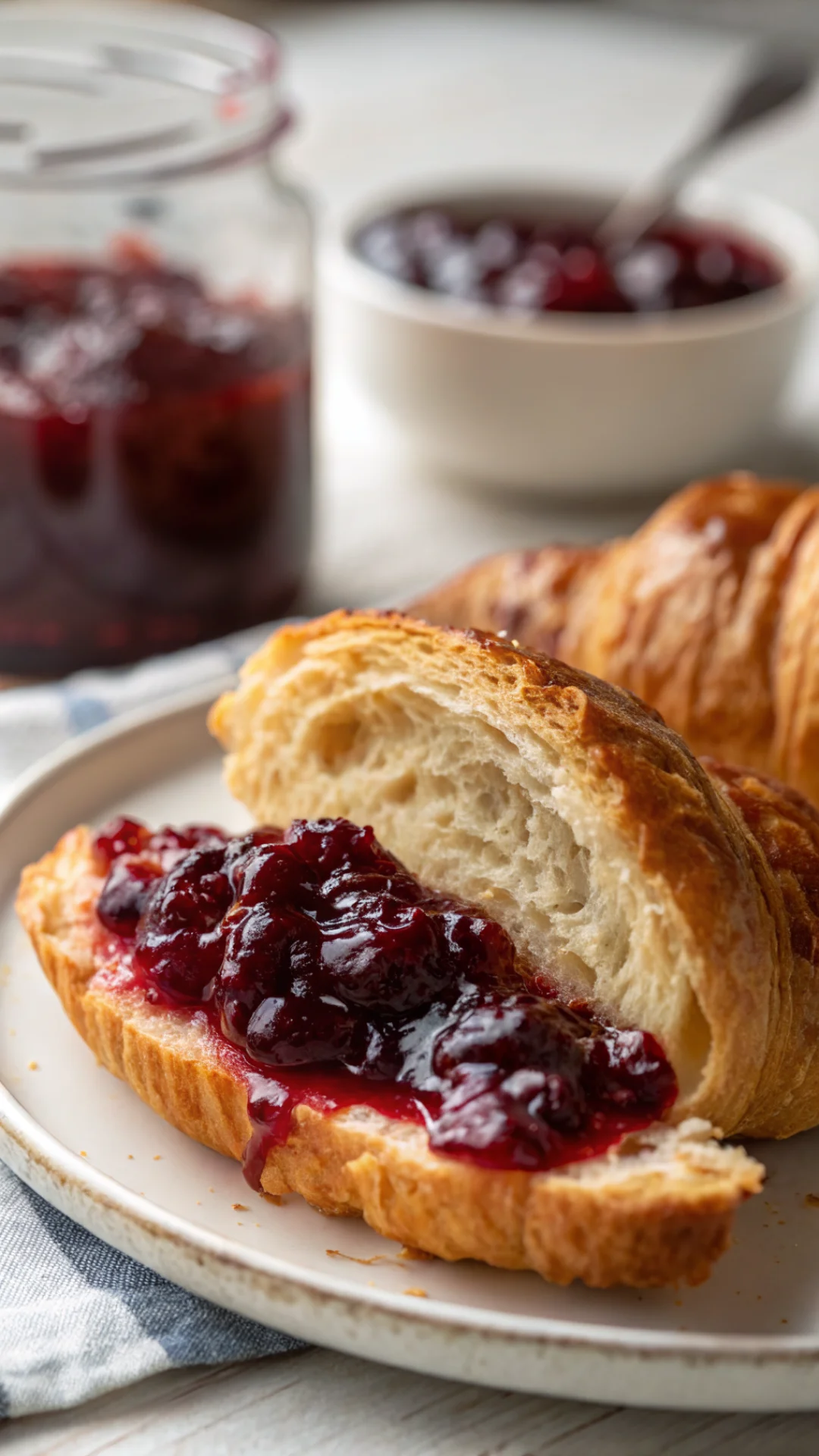 Close-up macro shot of dark red cherry jam spread on warm croissant, glistening jam texture, cherry pit visible inside, golde