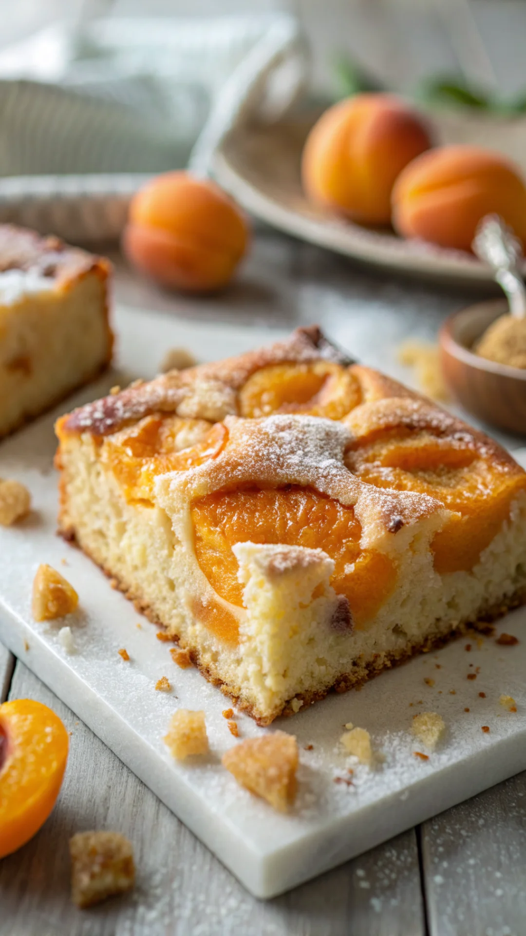Close-up macro shot of freshly baked vegan apricot cake slice, juicy apricots embedded in fluffy golden sponge, crumb texture