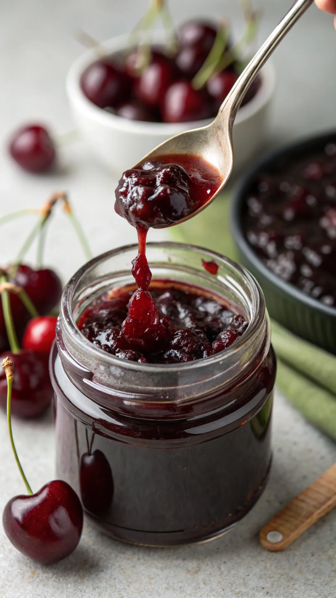 Close-up macro shot of glossy dark cherry jam in glass jar, spoon dripping rich marmalade, fresh cherries beside, macro food