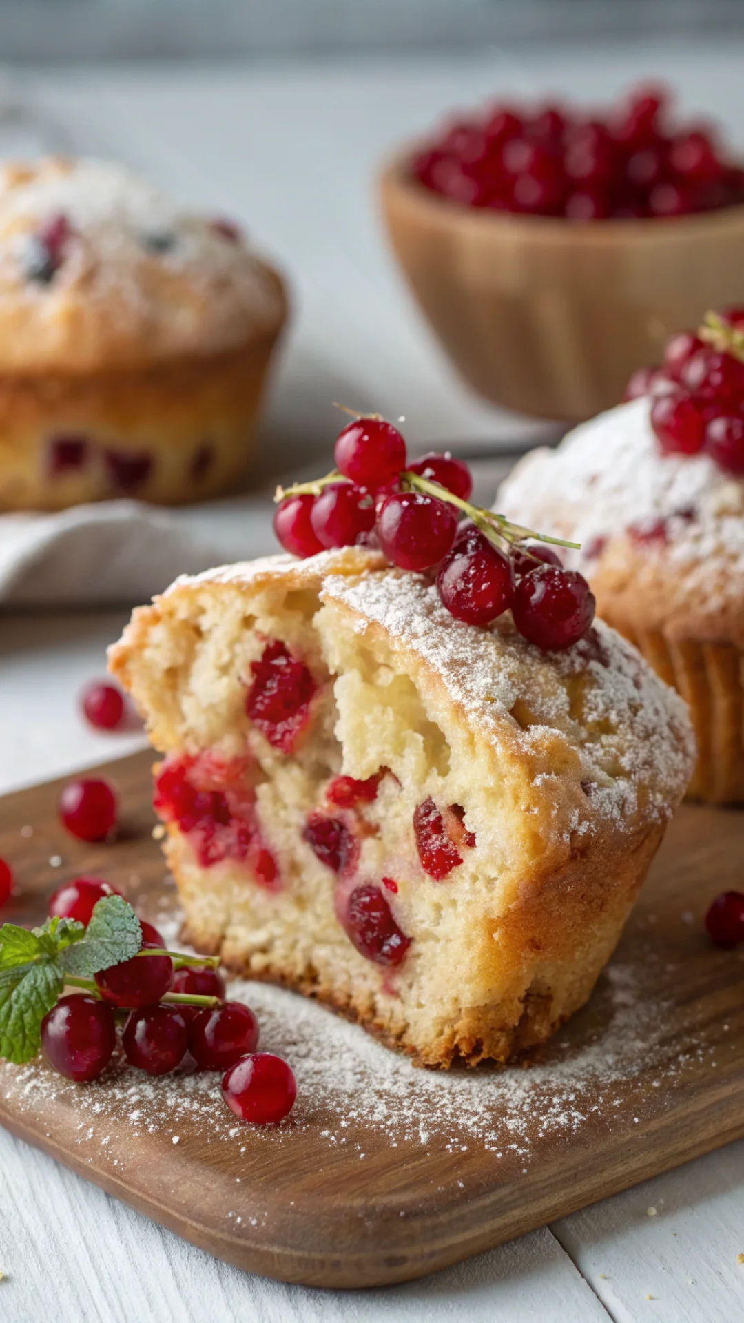 Close-up macro shot of homemade redcurrant muffin cross-section showing fluffy crumb structure with juicy red currants throug