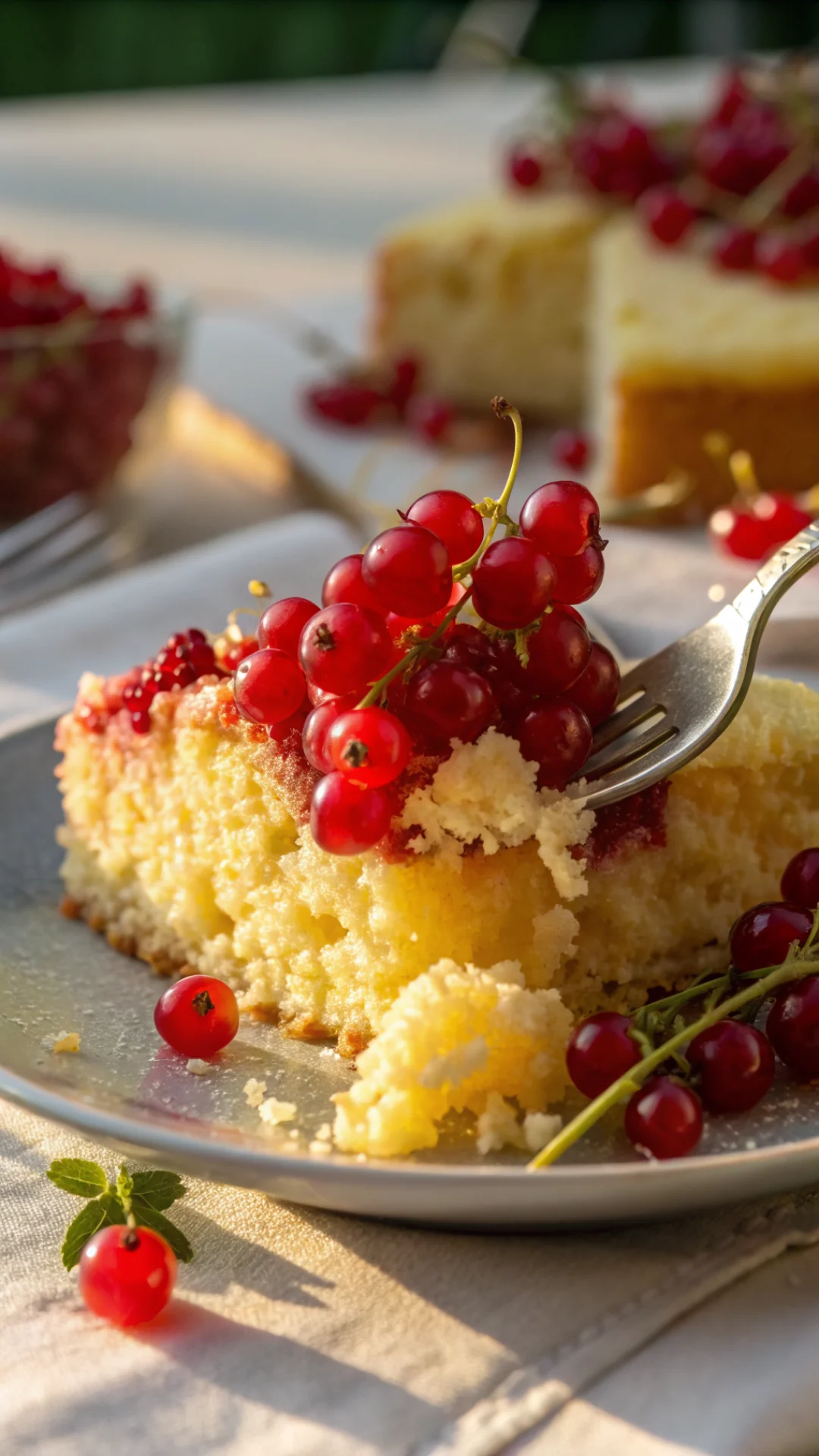 Close-up macro shot of moist cake crumb with vibrant red currants, fork cutting through fluffy yellow sponge, afternoon sunli
