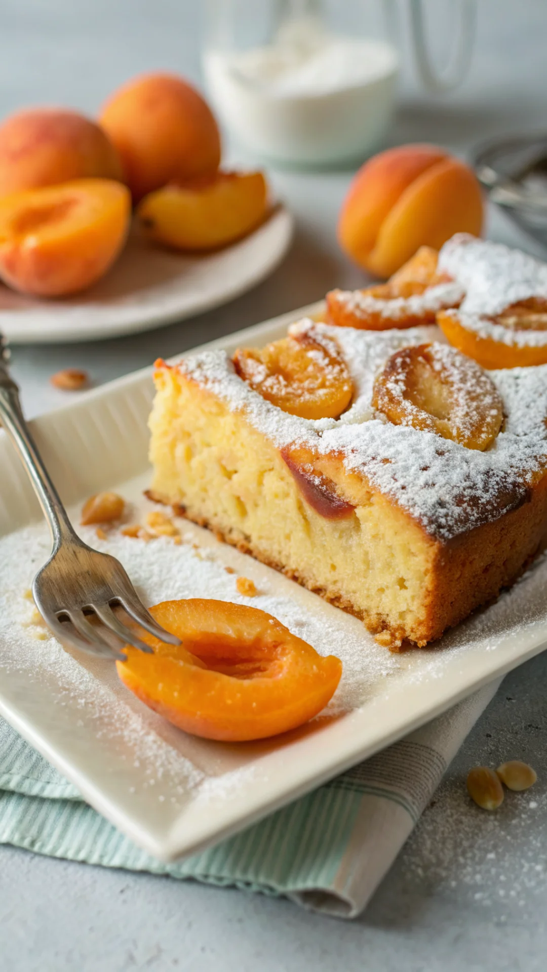 Close-up macro shot of moist gluten-free apricot cake slice with soft crumb texture, golden-yellow interior, fresh apricot ha