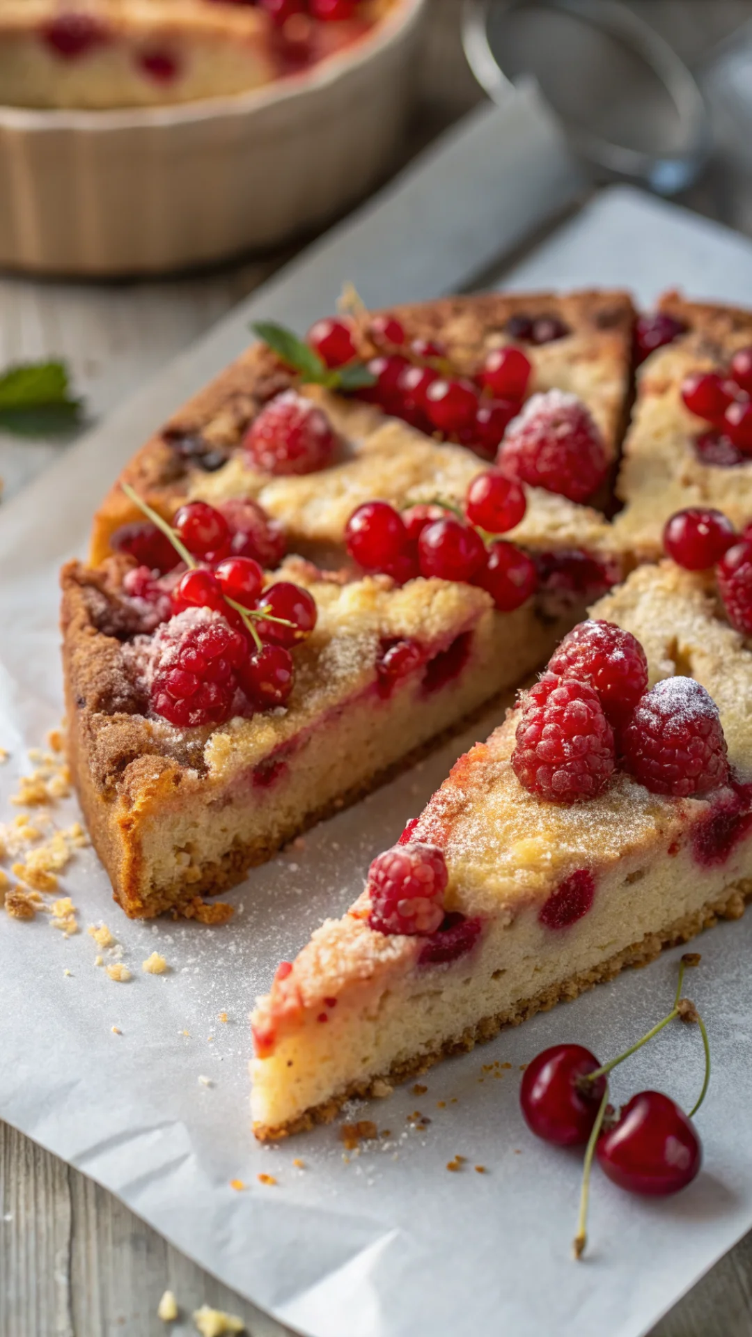 Close-up macro shot of red currant cake slice, fluffy almond flour crumb structure, juicy red berries bursting, creamy textur