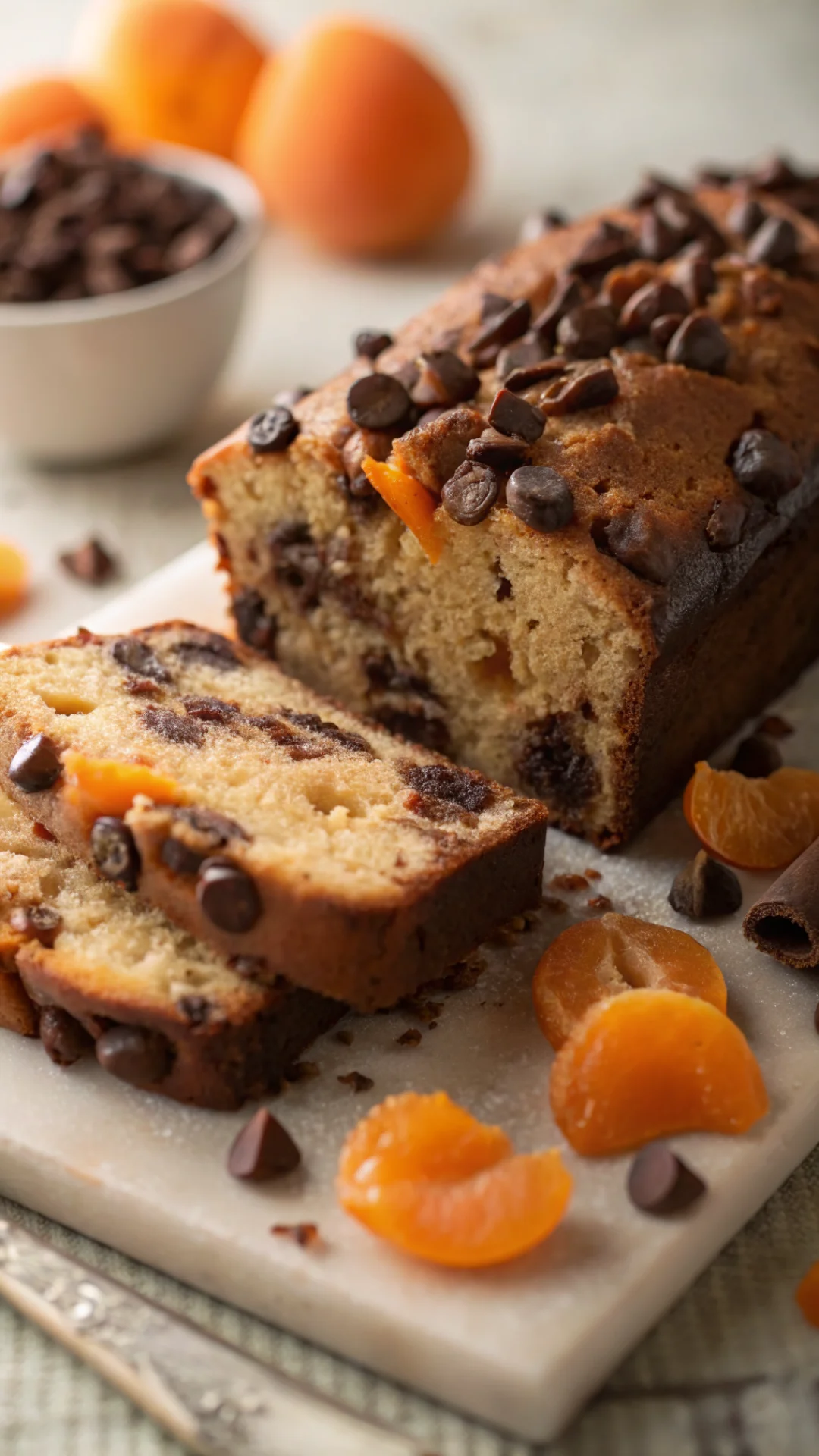 Close-up macro shot of sliced apricot chocolate cake showing moist crumb texture, melted chocolate chips, and fresh apricot c