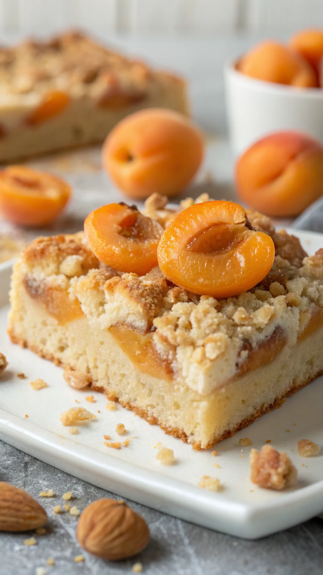 Close-up macro shot of warm apricot cake slice with golden streusel crumble, fresh apricot halves visible, creamy interior te