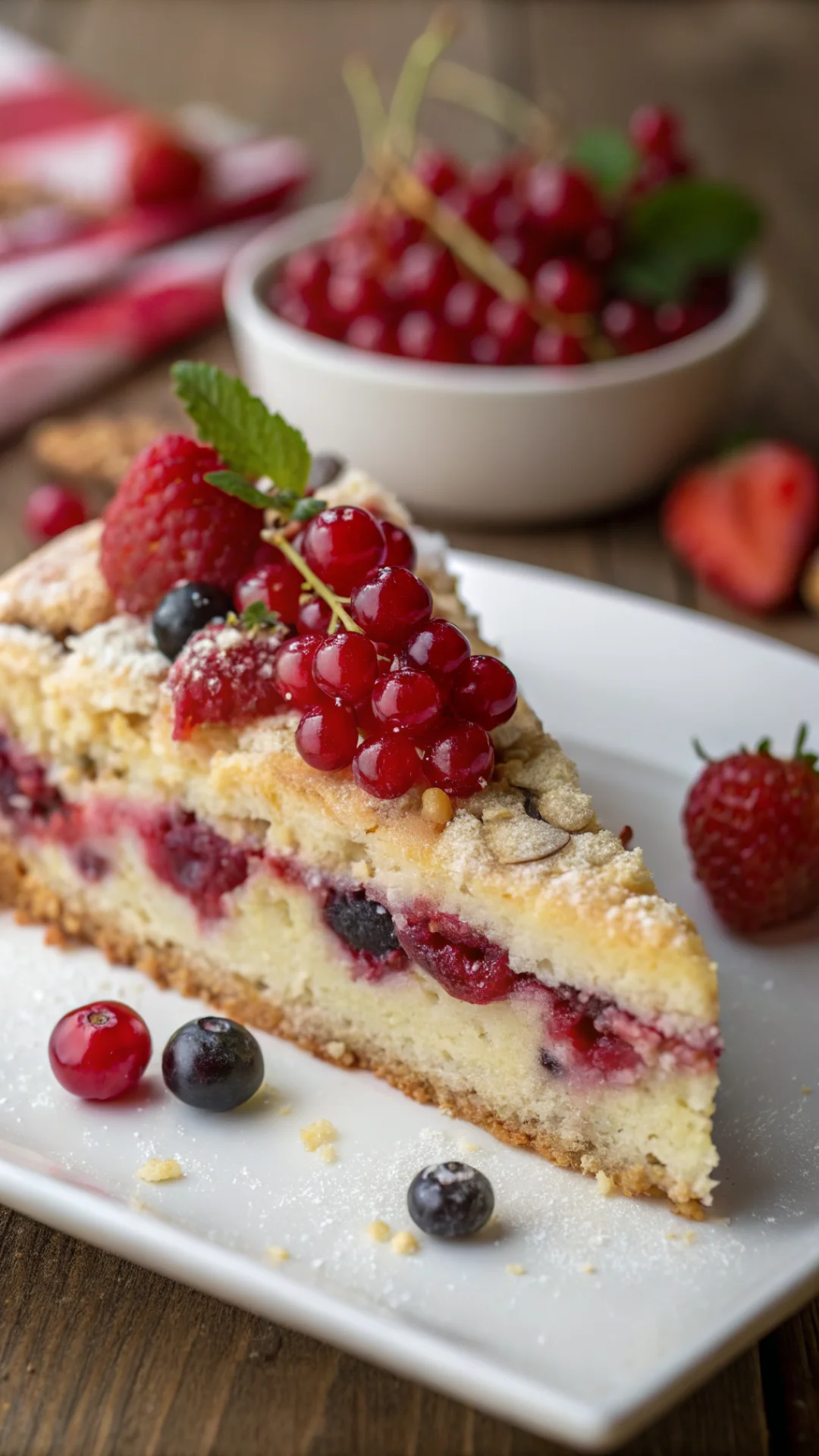 Close-up of a slice of gluten-free redcurrant cake with juicy berries, soft crumb texture, fresh garnish, professional food p