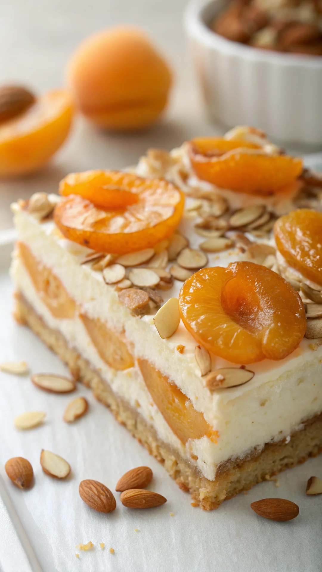 Close-up of apricot cake slice with apricot halves and toasted almond pieces, creamy interior, food photography, studio light