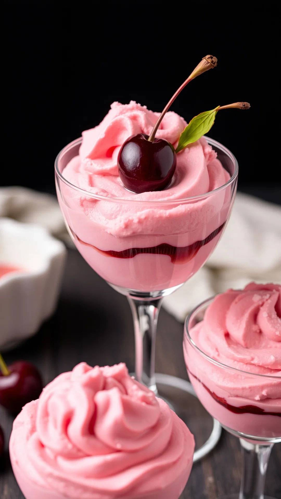 Close-up of cherry mousse dessert in glass, fluffy pink mousse with fresh dark red cherries on top, vertical portrait shot, p