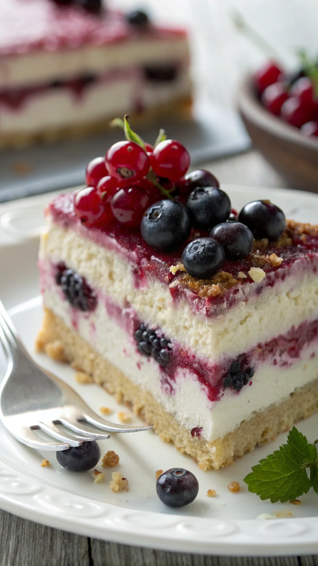 Close-up of creamy blackcurrant cake slice with sour cream filling, fresh berries glistening, crumbly moist texture visible,