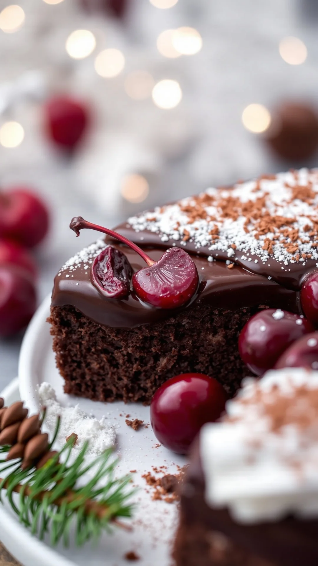 Close-up of dark chocolate cherry torte with glossy ganache, garnished with dried cherries and cocoa powder, festive winter s