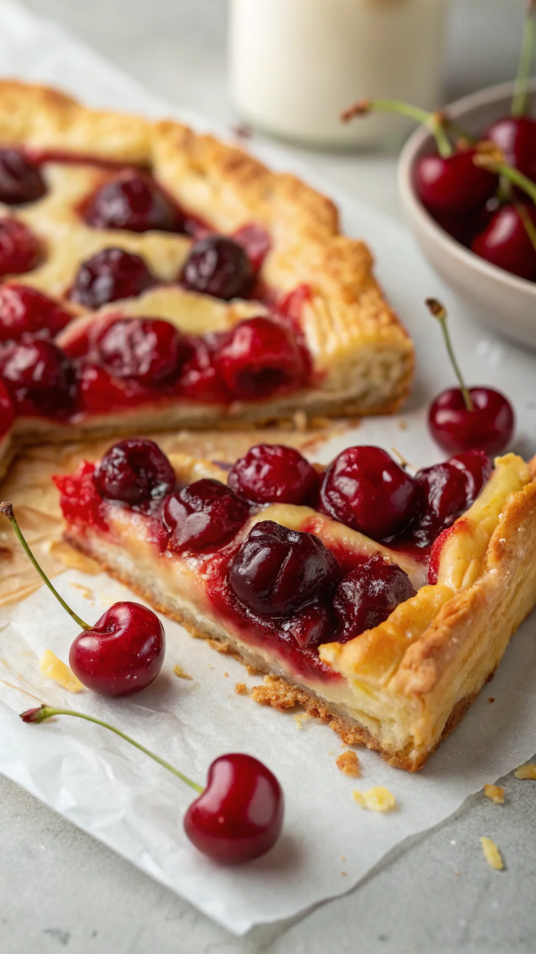 Close-up of flaky puff pastry with juicy red cherries, melting together, golden brown pastry edges, macro food photography, v