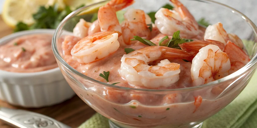Close-up of fresh North Sea shrimp being mixed with pink cocktail sauce in a glass bowl, showing texture and quality of ingre