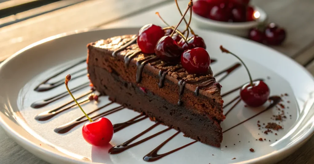 Close-up of freshly baked chocolate cherry cake slice on white plate, dark chocolate frosting, vibrant red cherries, drizzle