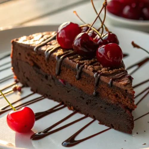 Close-up of freshly baked chocolate cherry cake slice on white plate, dark chocolate frosting, vibrant red cherries, drizzle