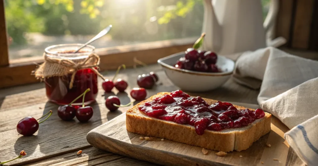 Close-up of glossy deep red cherry jam spread on warm toast, ripe fresh cherries scattered nearby, morning sunlight, rustic w