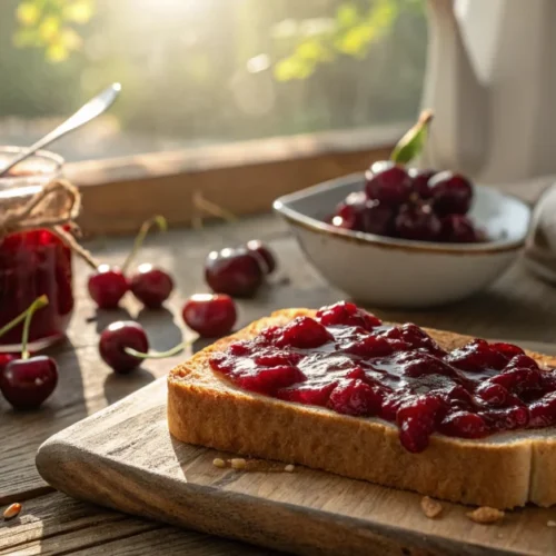 Close-up of glossy deep red cherry jam spread on warm toast, ripe fresh cherries scattered nearby, morning sunlight, rustic w