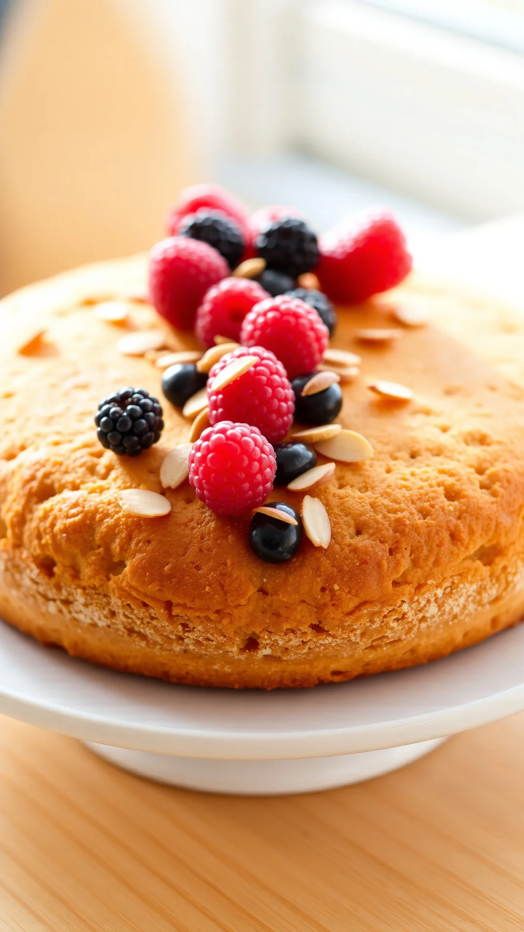 Close-up of golden round red currant cake with sliced almonds and fresh berries on top, homemade bakery style, portrait shot,