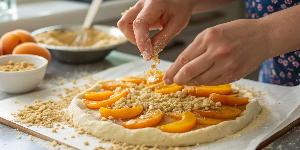 Close-up of hands sprinkling golden butter streusel crumbs over fresh apricot halves on yeast dough, baking preparation scene