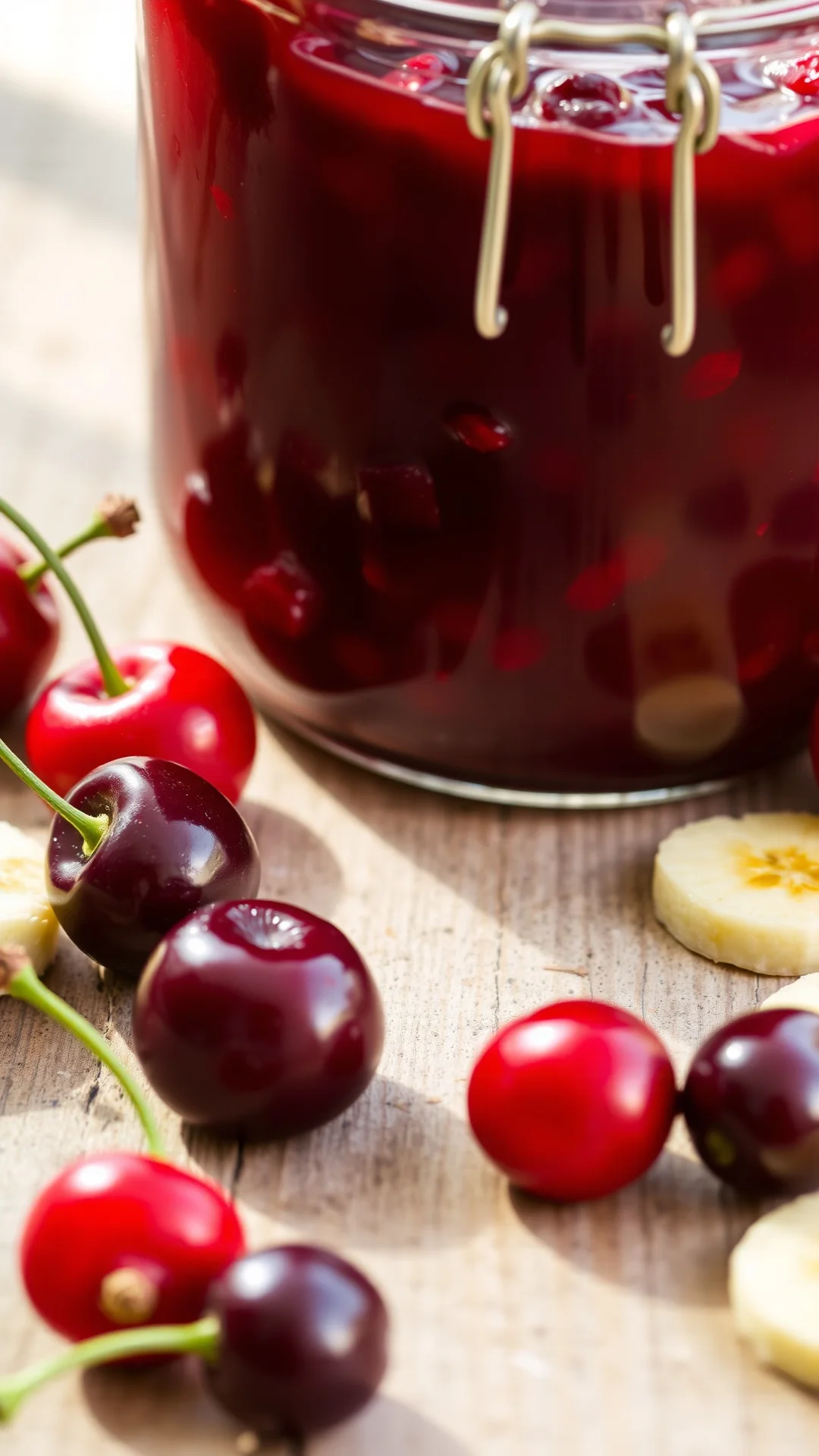 Close-up of homemade cherry banana jam in glass jar, glossy dark red preserve, fresh ripe cherries and banana slices scattere