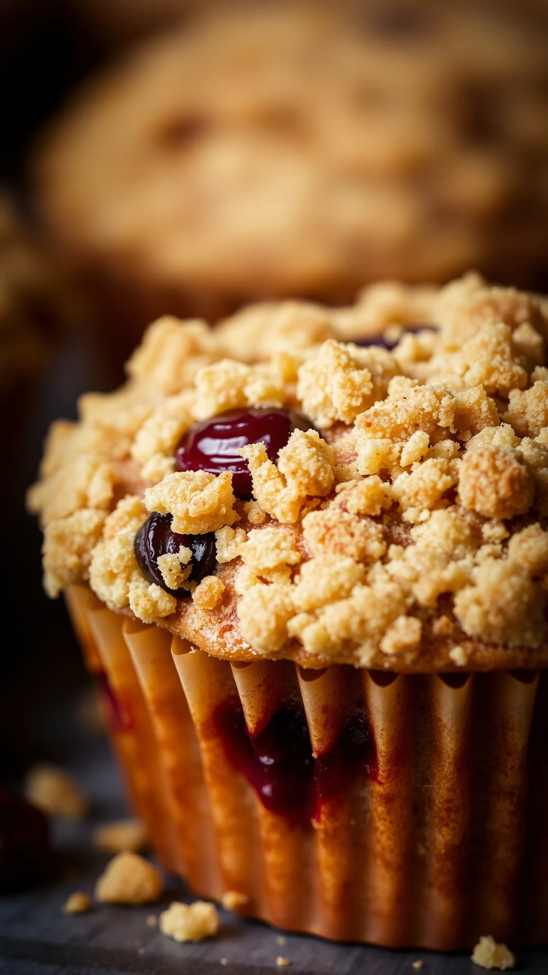 Close-up of muffin with cinnamon crumble topping and embedded red currants, muffin cup visible, macro food photography style
