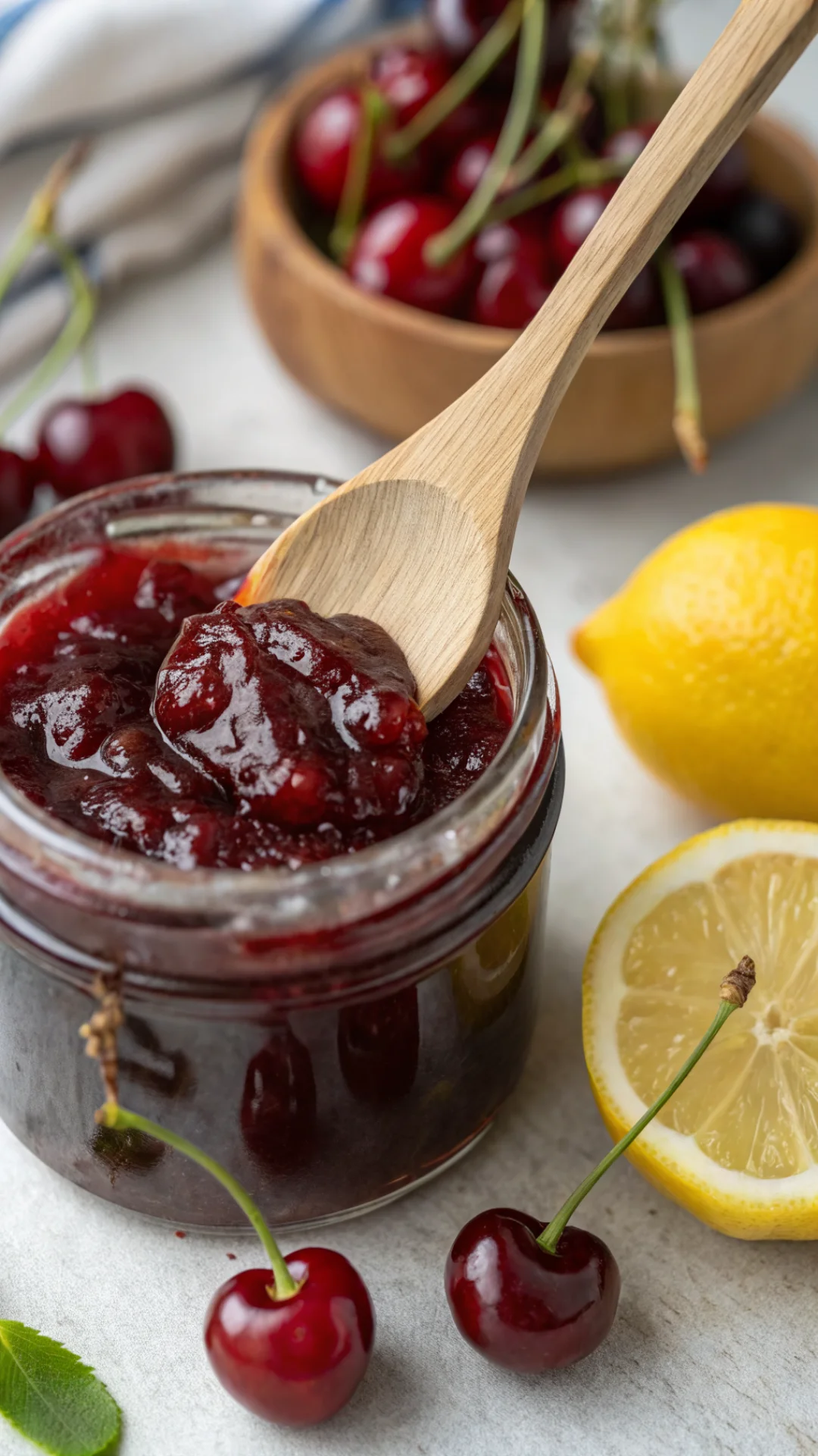 Close-up of rich cherry jam being stirred with wooden spoon, glossy deep red marmalade texture, fresh cherries and lemon slic