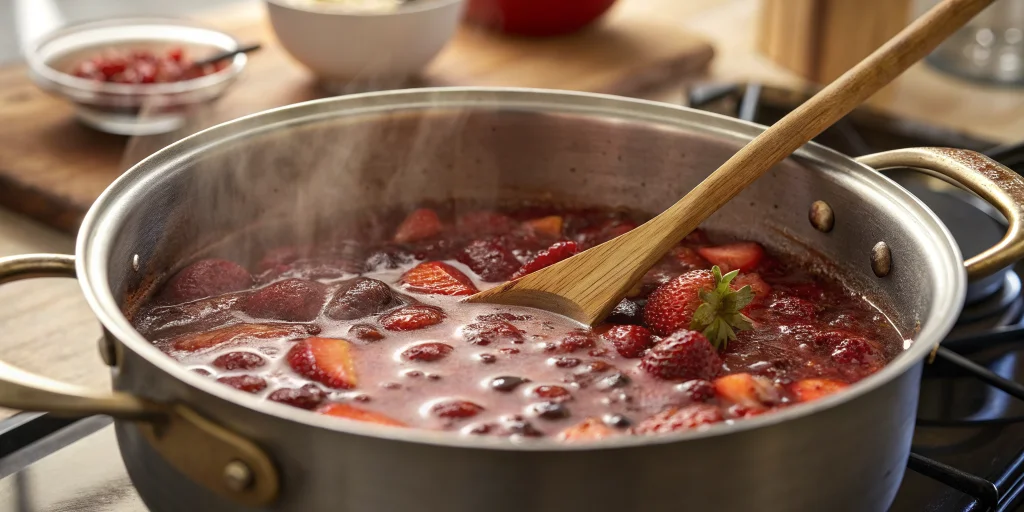 Close-up of strawberry vanilla jam bubbling and cooking in a large pot on stove, wooden spoon stirring, steam rising, vanilla