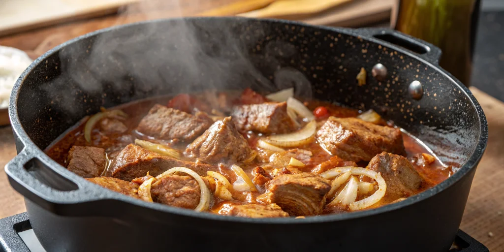 Close-up of tender pork chunks being braised in a heavy Dutch oven with onions and paprika sauce, steam rising, cooking proce